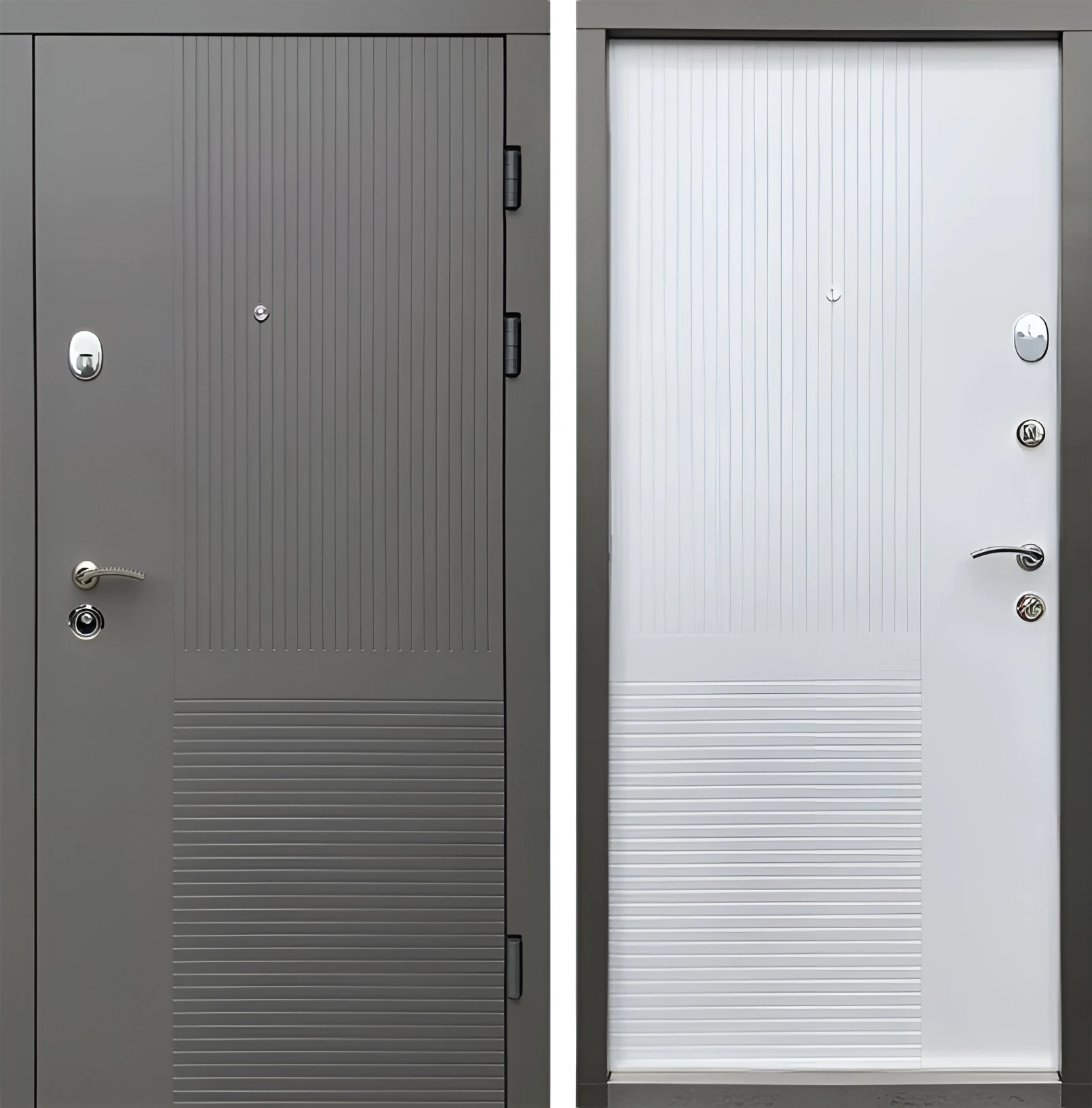 Входная дверь с МДФ «Линии» Оловянный Финский белый Брит-К02