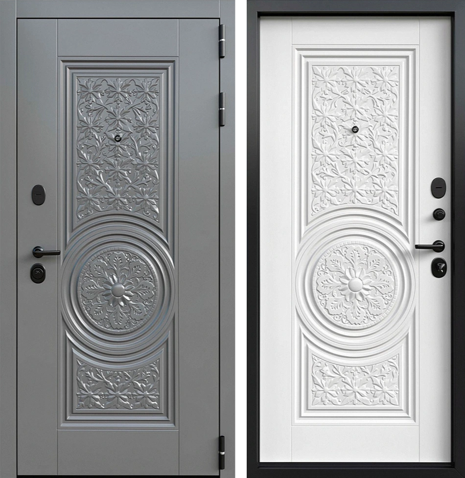 Входная дверь для квартиры МДФ «Цветочный Барельеф» Графит Белый Брит-К08