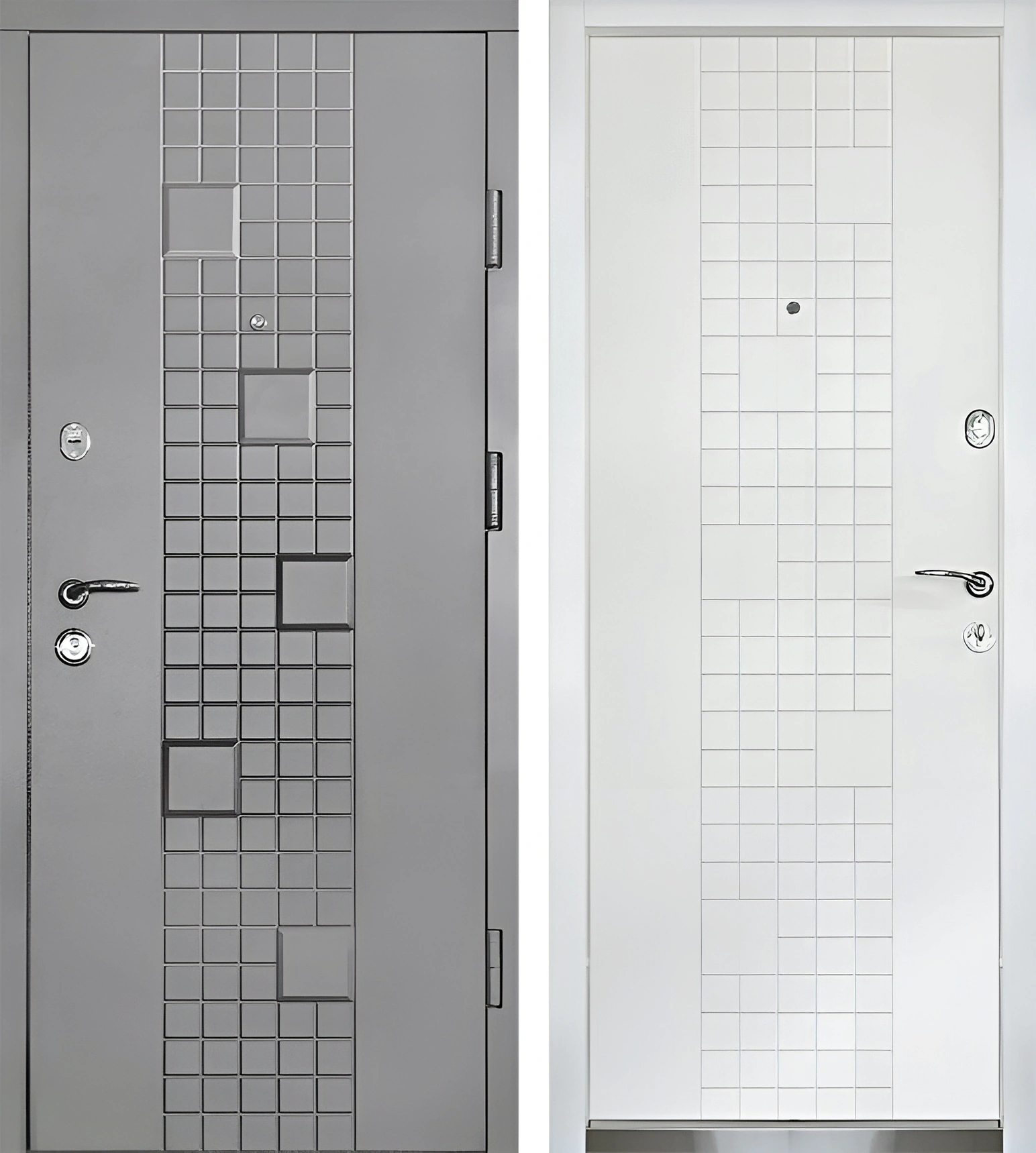 Входная дверь МДФ Сетка Кубы Бело-алюминиевый Белый матовый Брит-К15