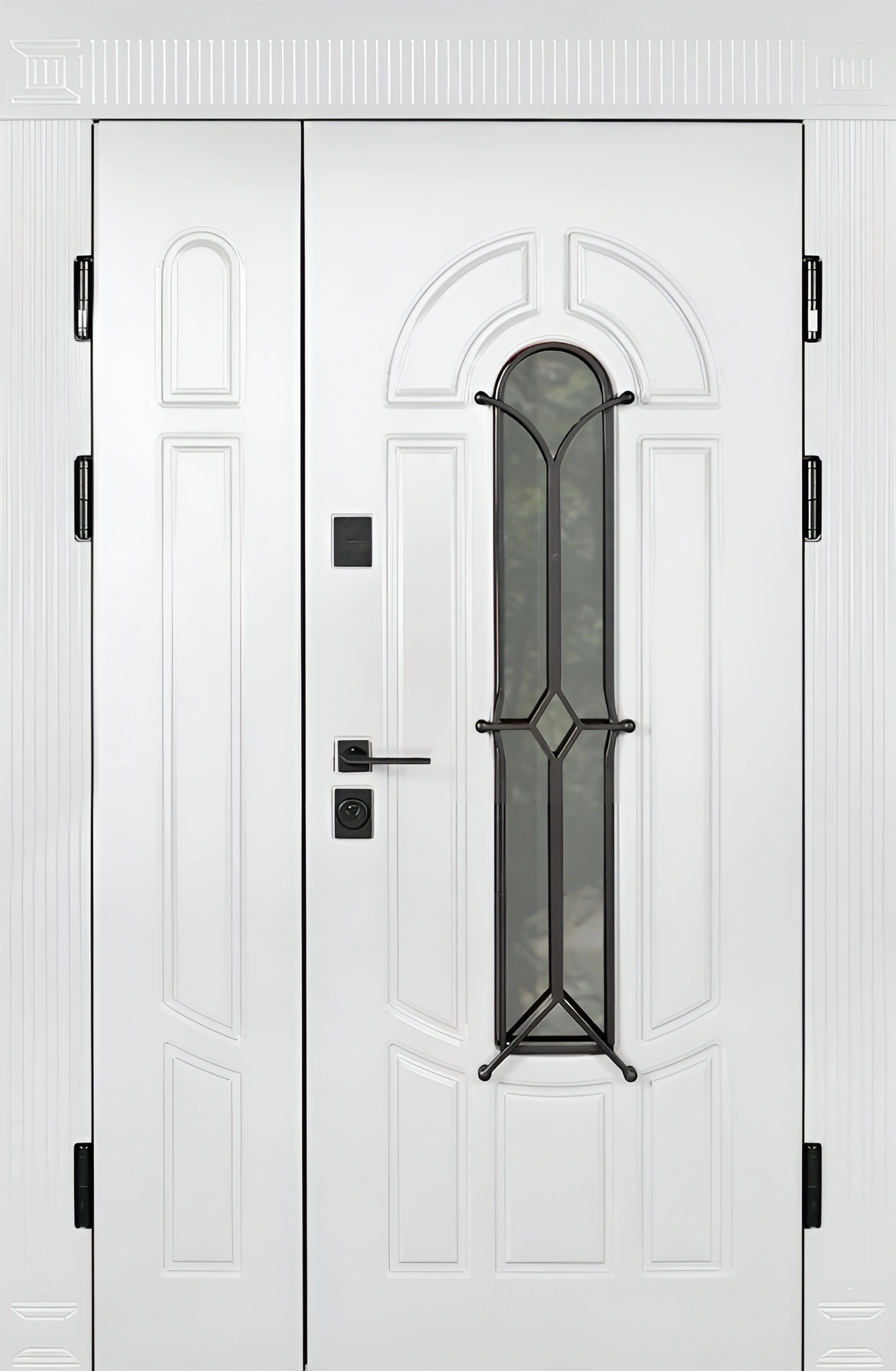 Входная двухстворчатая дверь со стеклопакетом и ковкой МДФ Облачно-белый Брит-К22