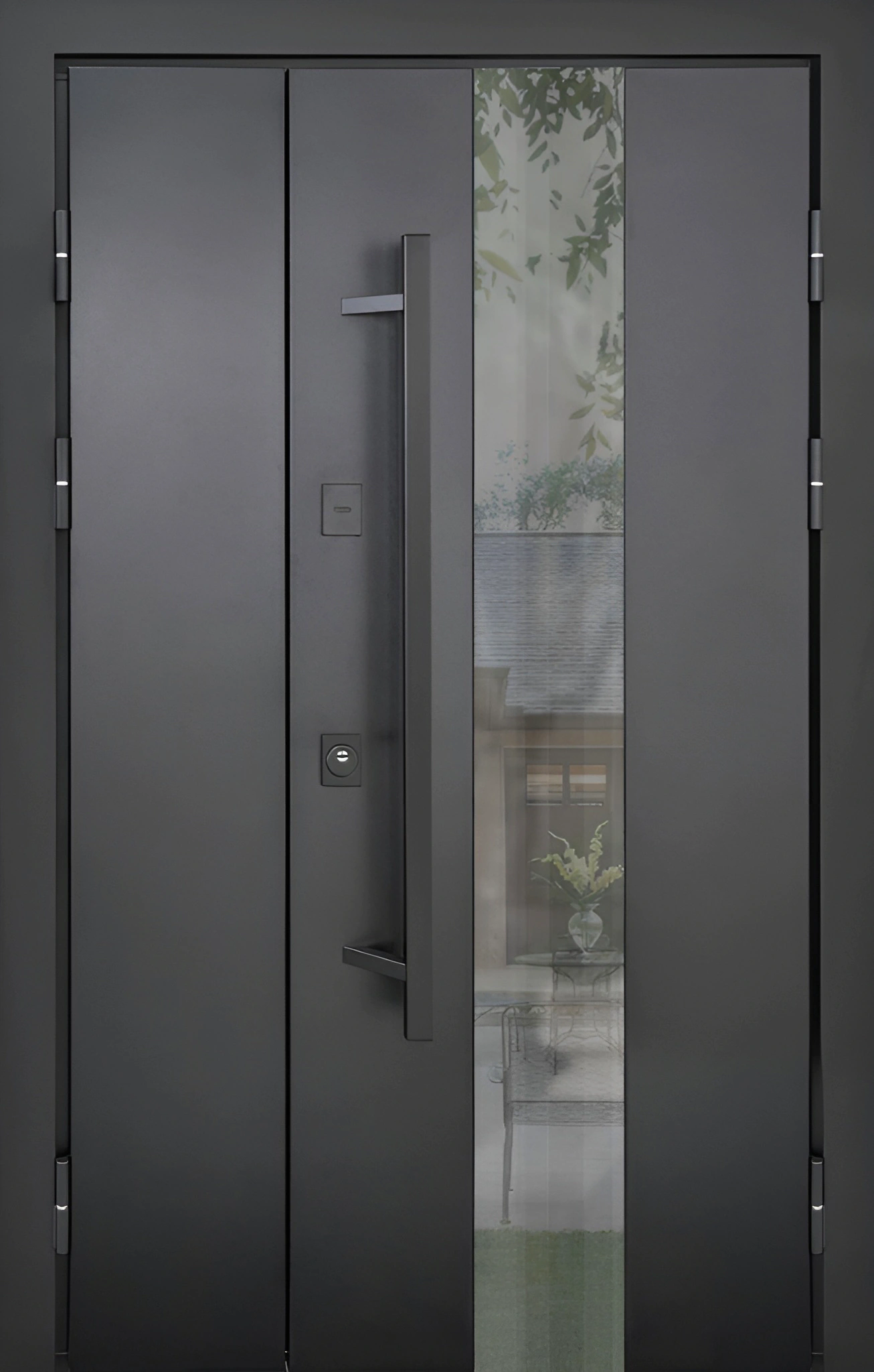 Входная двухстворчатая дверь с бугельной ручкой Графитно-чёрный со стеклом Брит-К24