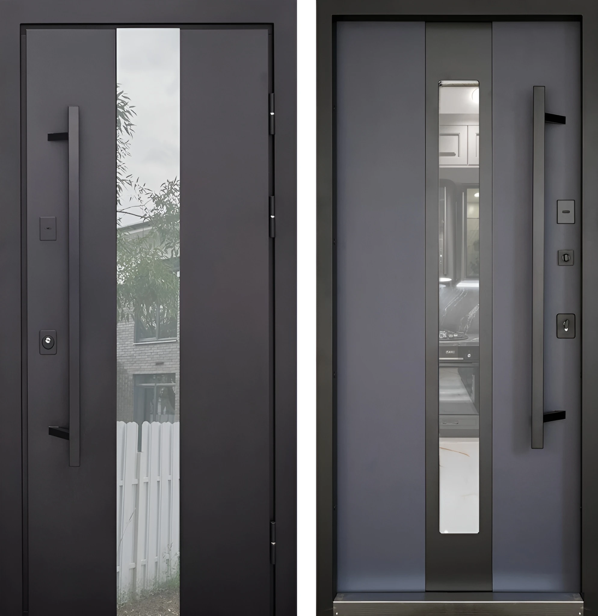 Дверь одностворчатая стальная с длинной ручкой и окном Чёрный Графит Тёмный Пурпурно-синий Брит-К25