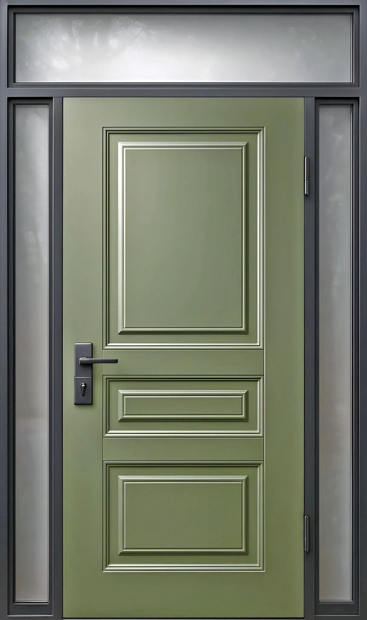 Входная дверь с окнами-фрамугами в английском стиле МДФ окрашенный Зеленый папоротник Брит-К56