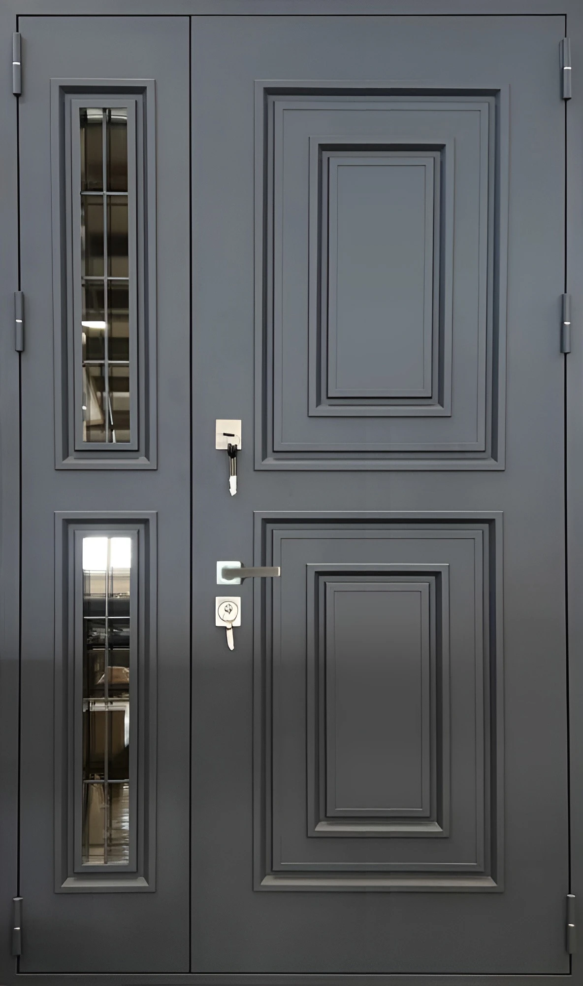 Входная дверь с двумя створками неоклассика металлофилёнка Графит Форт-К11