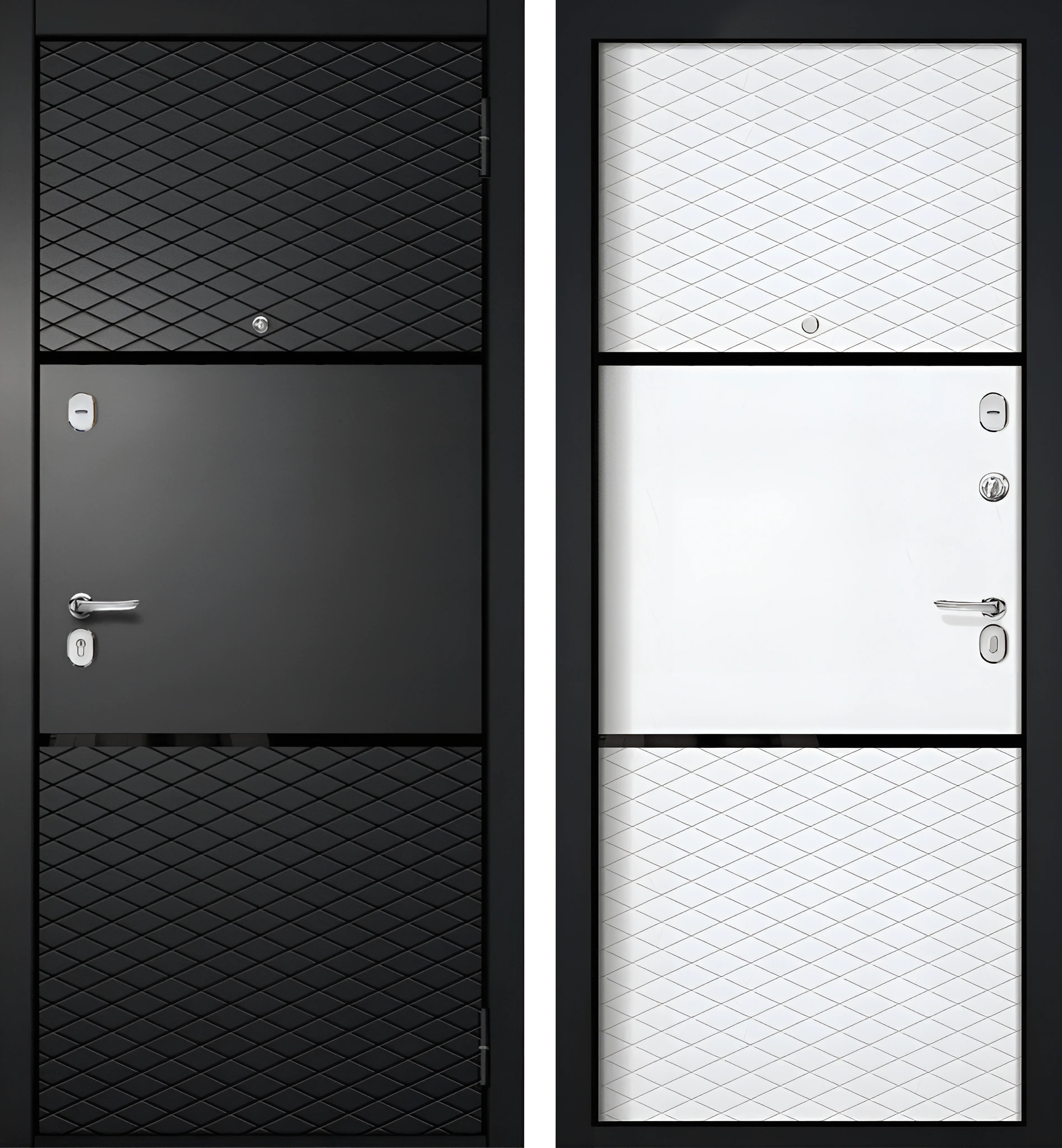 Входная дверь МДФ с молдингом «Решётка» Насыщенный чёрный Белый глянец Форт-К74