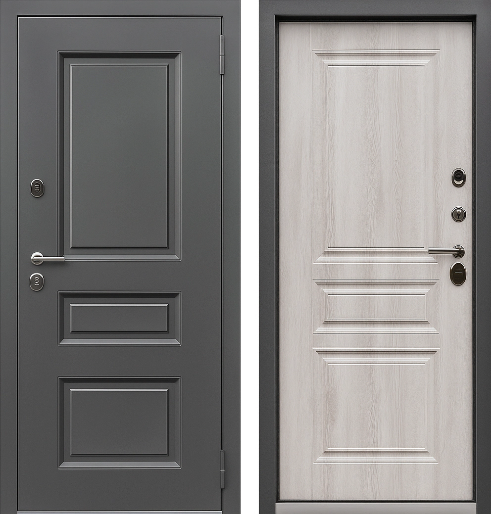 Входная дверь с отделкой МДФ Оловянный Гладкий Сандал белый Форт-К90