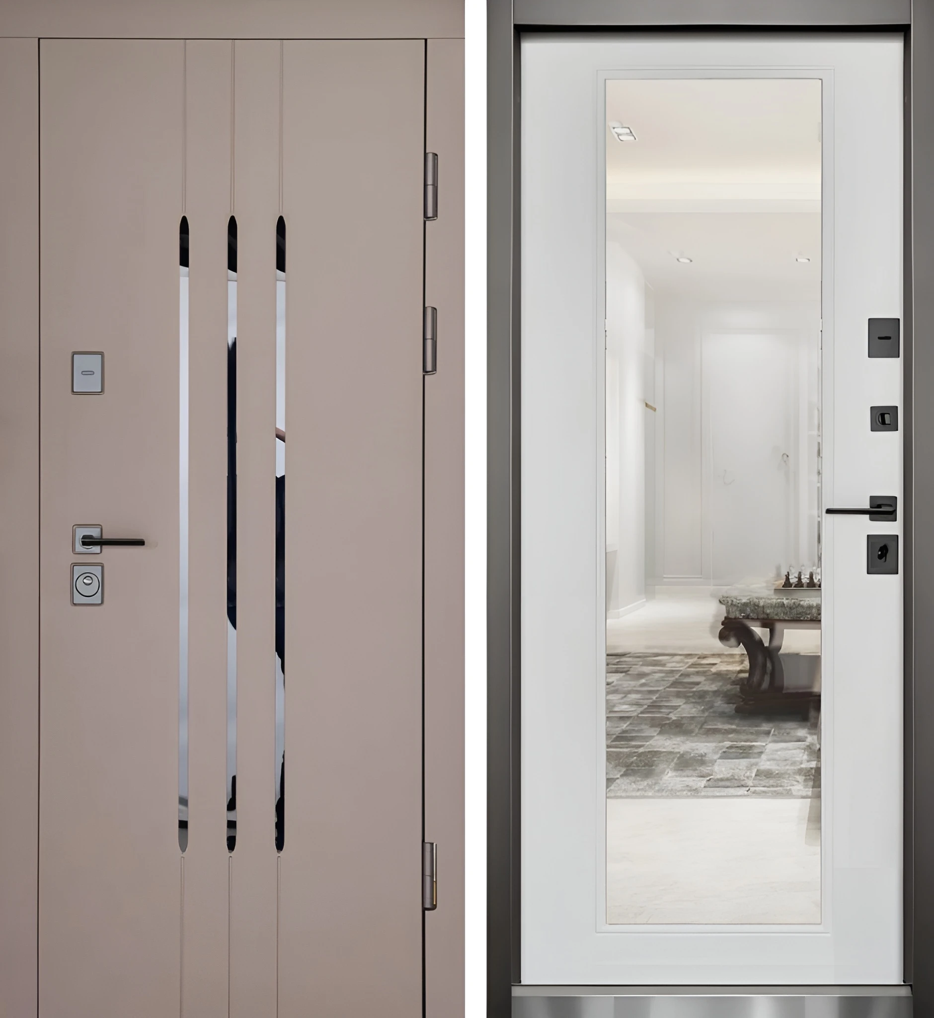 Входная дверь с зеркалом внутри линейный молдинг Какао с молоком Бело-Серый Форт-К93