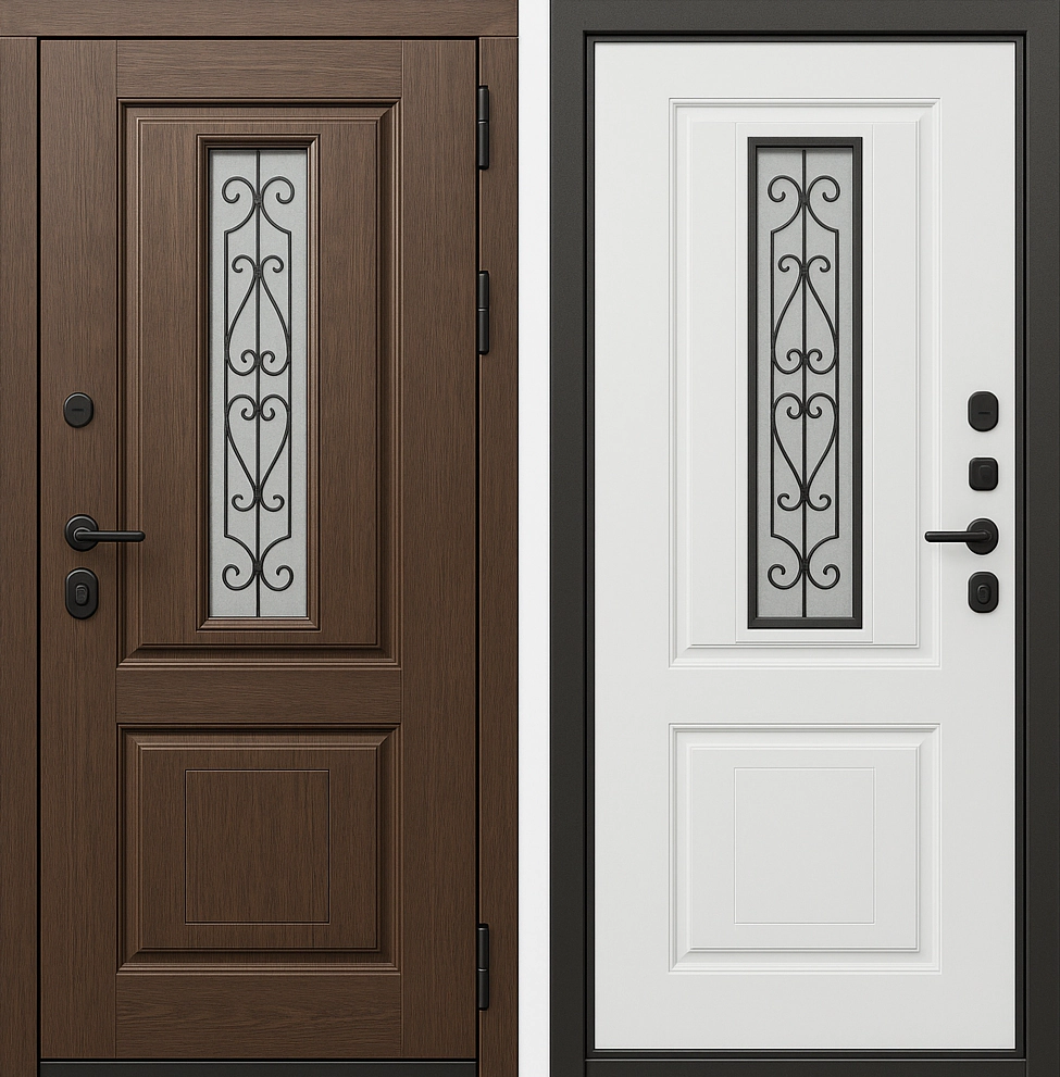 Входная дверь со стеклопакетом и кованым узором МДФ Тиковое Дерево Жасмин Крит-К15