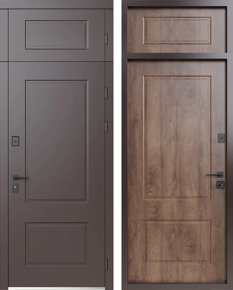 Входная дверь с верхней глухой фрамугой RAL 8019 Серо-коричневый Дуб Сильверджек Крит-К17