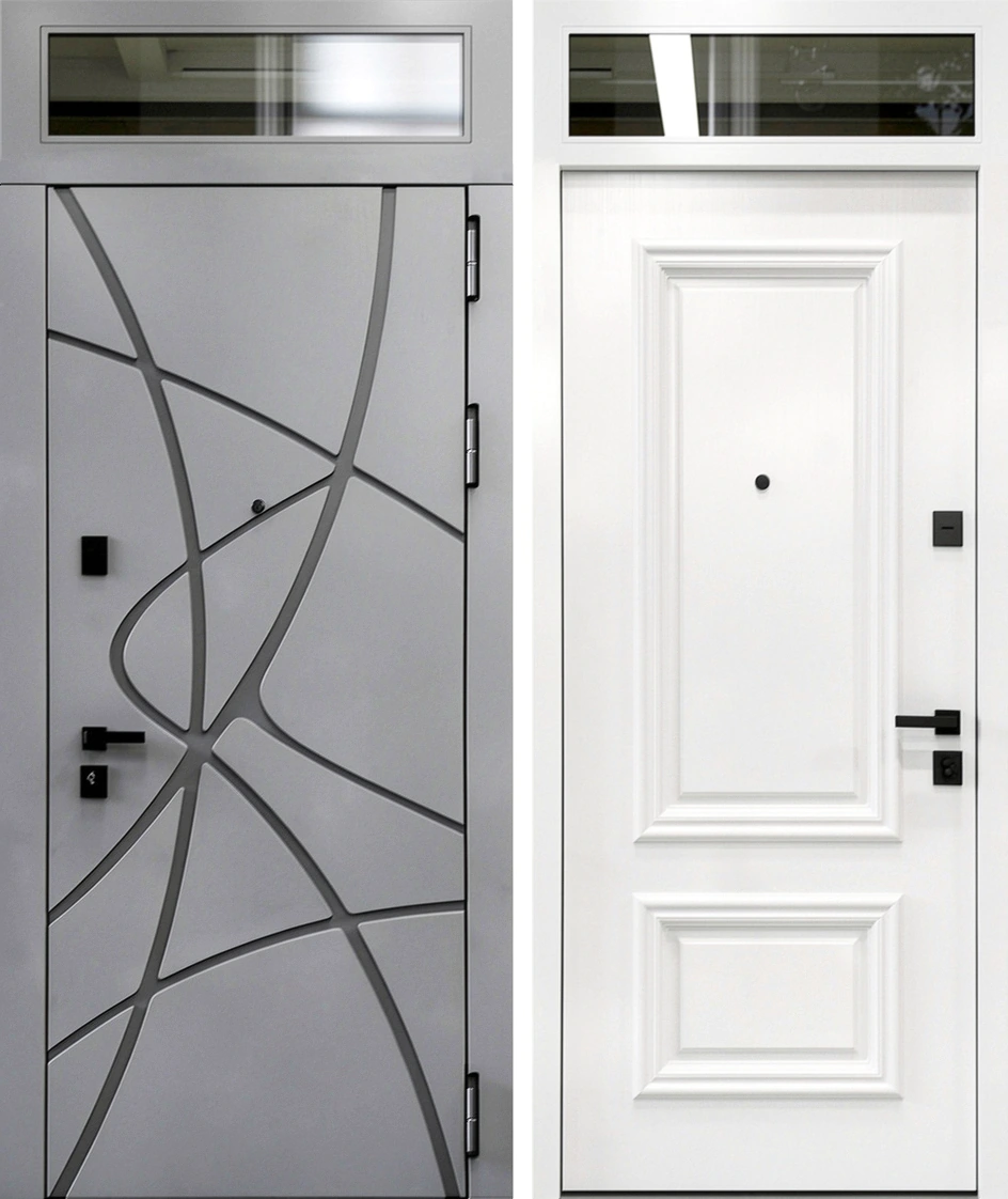 Входная филенчатая дверь с остеклённой фрамугой сверху «Буйство Геометрии» Крит-К20