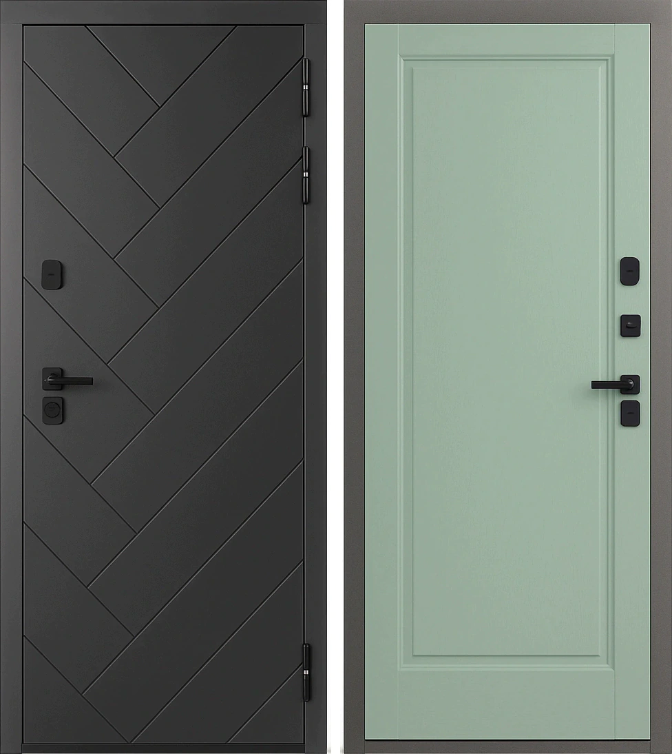 Входная дверь с фрезеровкой геометрия минимализм МДФ Лунная Ночь Серо-зелёный Крит-К29