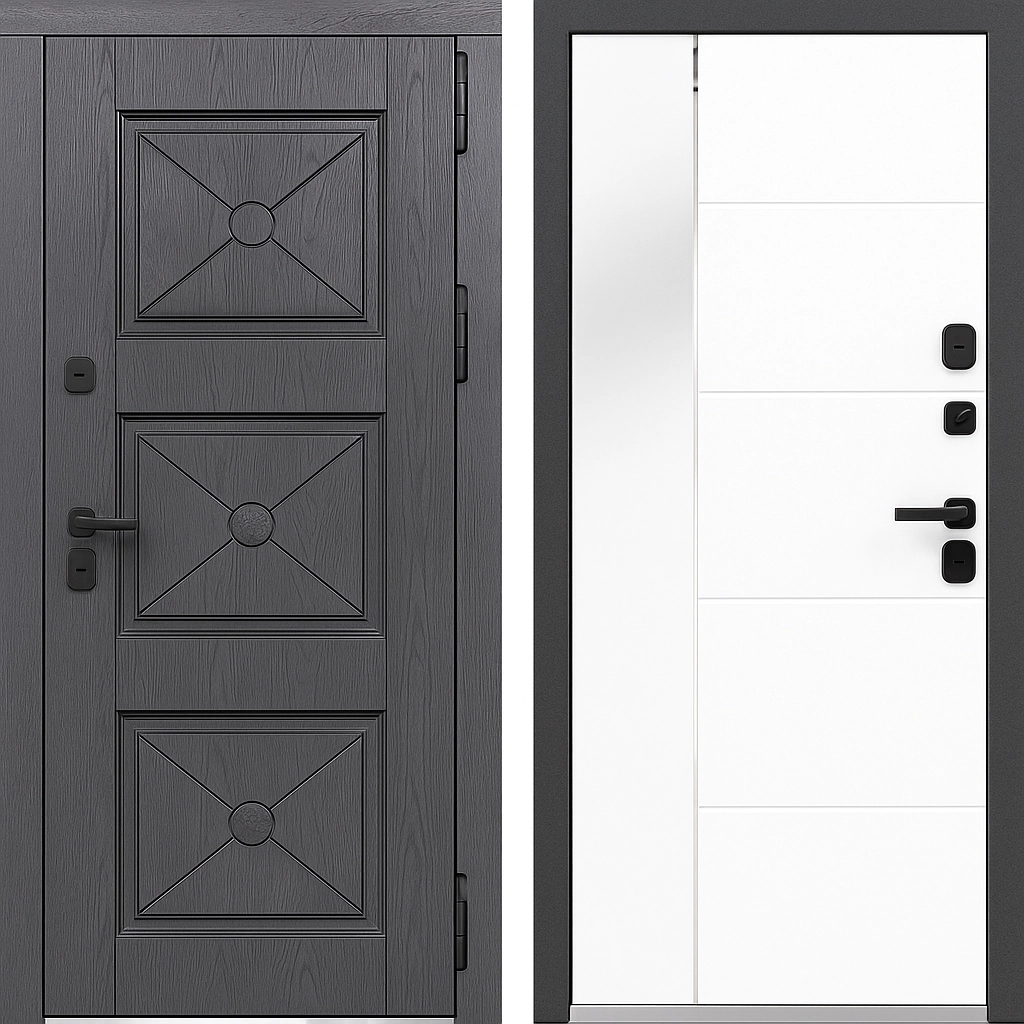 Входная дверь серо-белая с зеркалом МДФ Дуб Шале Белоснежный Крит-К46