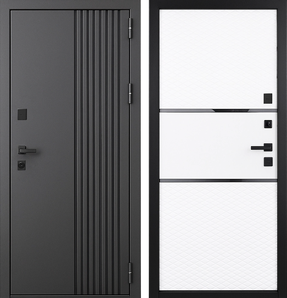 Стальная входная дверь хай-тек с молдингом МДФ Базальтово-серый Белый Прайд-К31