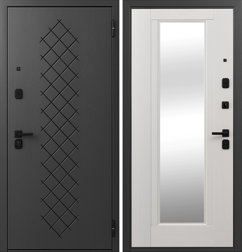 Входная дверь с фрезерованным МДФ и зеркалом Угольный Речной Перламутр Прайд-К37