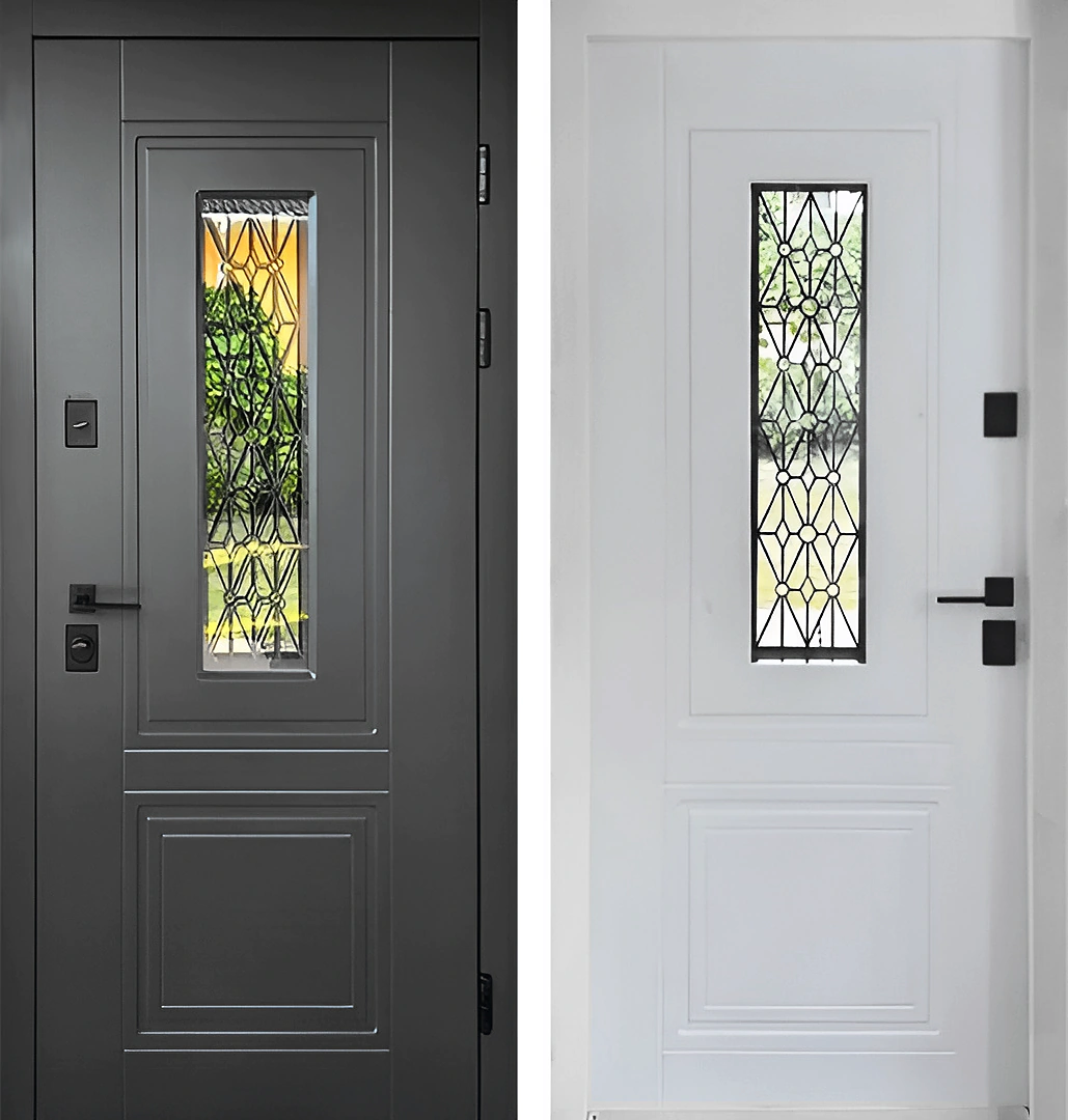 Входная дверь с кованой решёткой и стеклопакетом МДФ Угольно-чёрный Белоснежный Прайд-К80