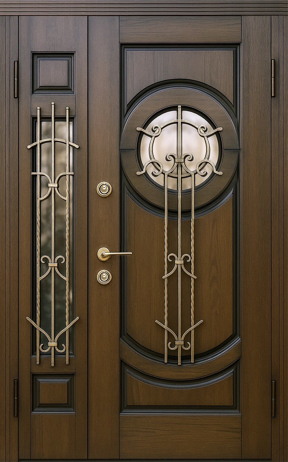 Входная двухстворчатая дверь с кованым узором и стеклопакетами МДФ Перламутр Палисандр Прайд-К82