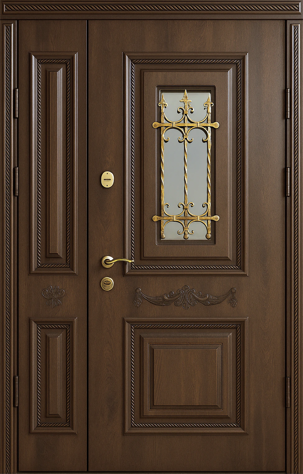 Входная дверь двухстворчатая со стеклопакетом и ковкой Дуб Табак Прайд-К83