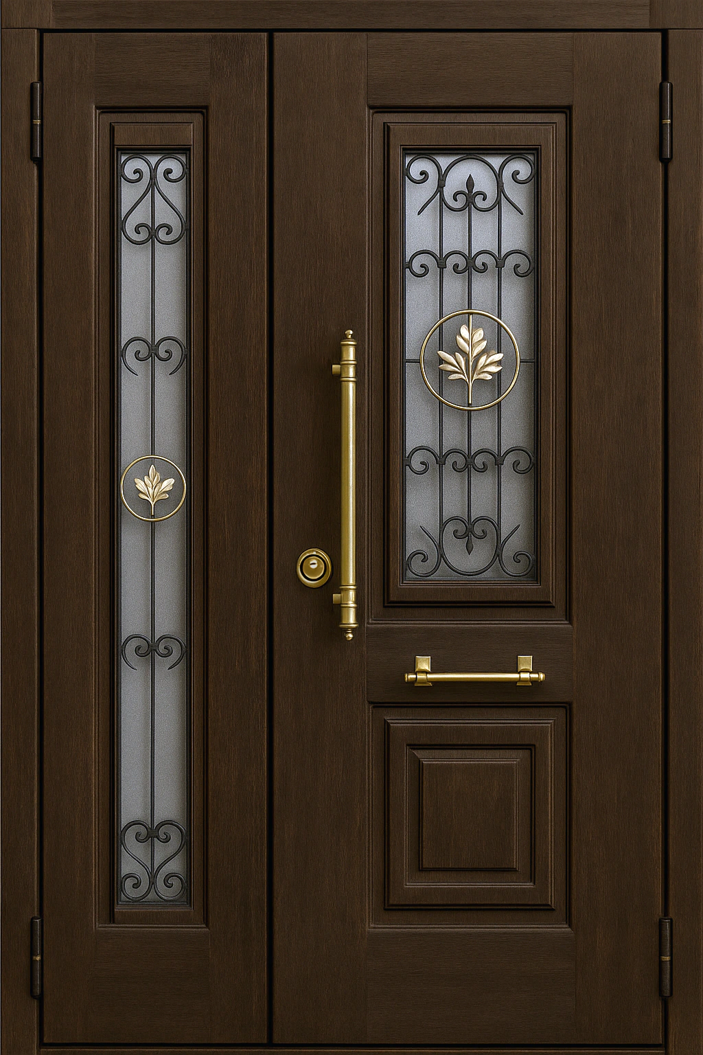 Стальная дверь с бугельной ручкой двойная створка ковка и стеклопакет Дуб Рич Прайд-К85