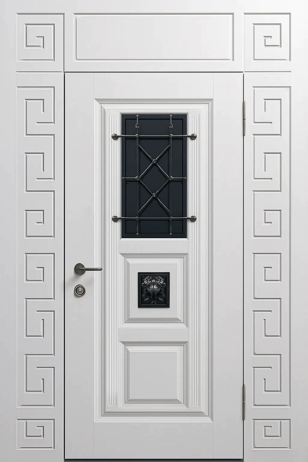 Входная дверь Неоклассика с глухими вставками Меандр МДФ стеклопакет и ковка Прайд-К89