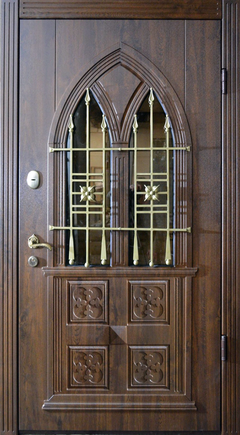 Входная одностворчатая дверь с двойным окном и кованой решёткой Прайд-К94