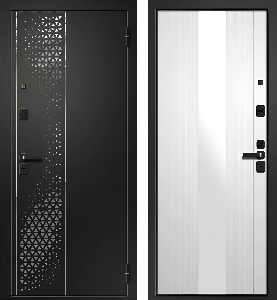 Входная дверь с молдинг-инсталляцией «Торжество геометрии» с зеркалом внутри Райт-К56