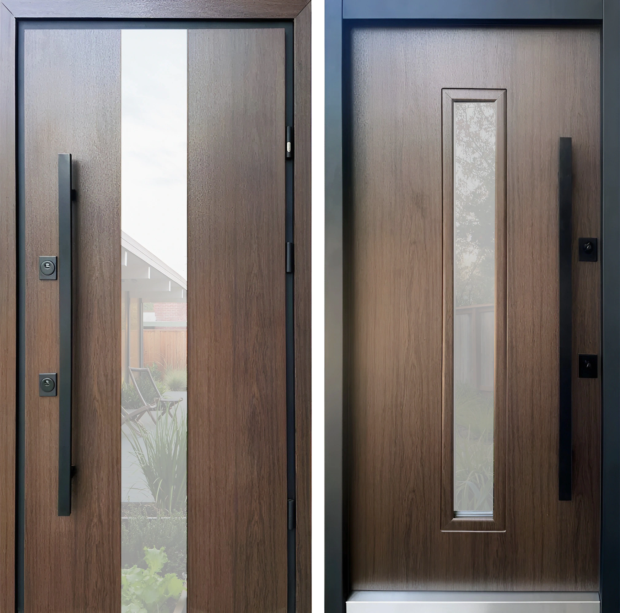 Входная дверь со стеклопакетом и длинной ручкой МДФ Орех Бразильский Райт-К61