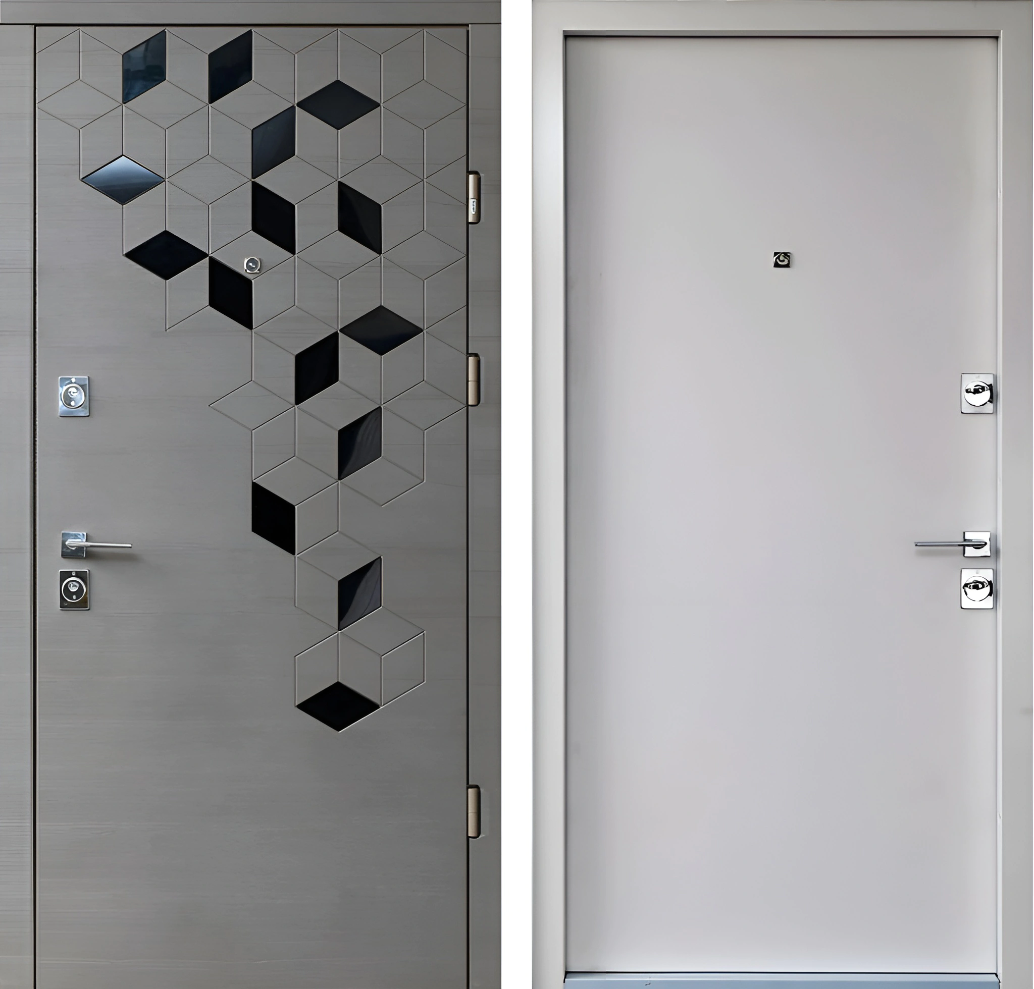 Входная дверь с молдингом «Грани» МДФ гладкий Телегрей Платиновый Райт-К62