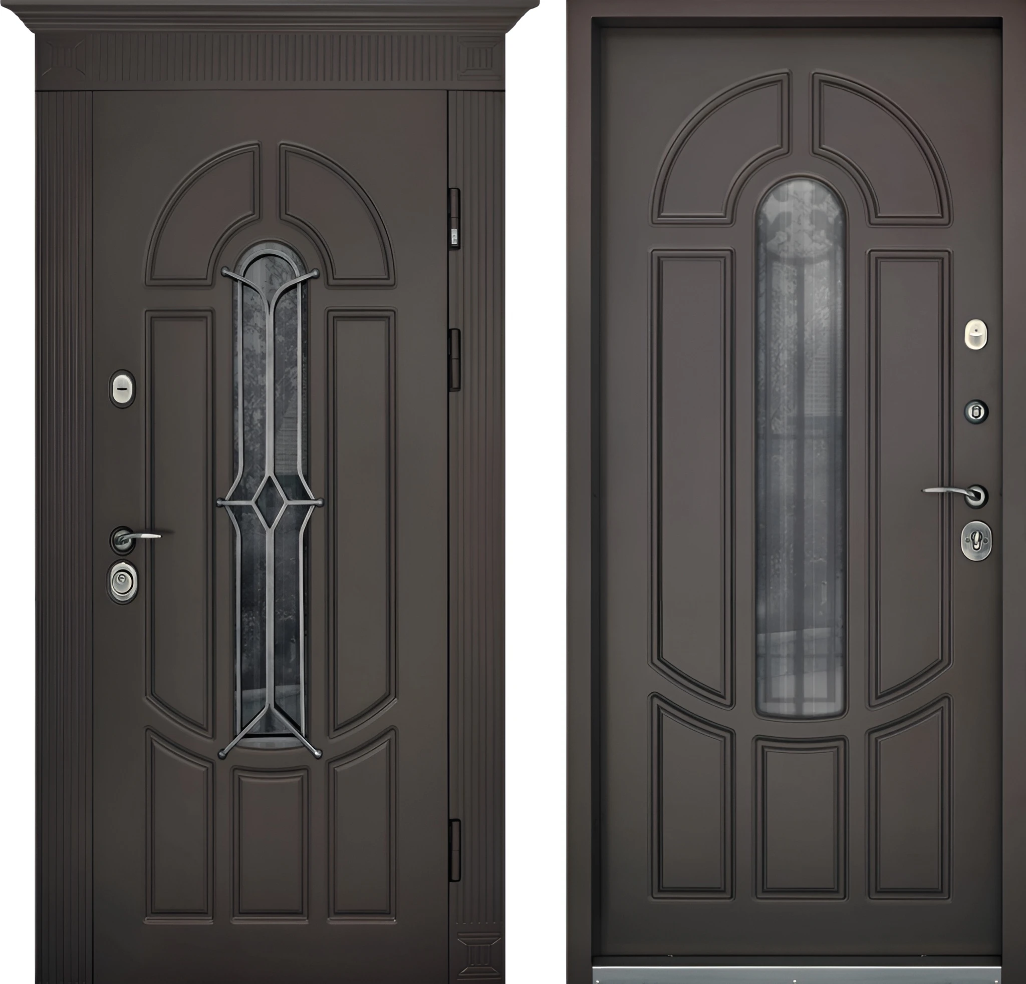 Входная дверь с кованым узором и арочным окном МДФ окрашенный Серая Умбра Райт-К65