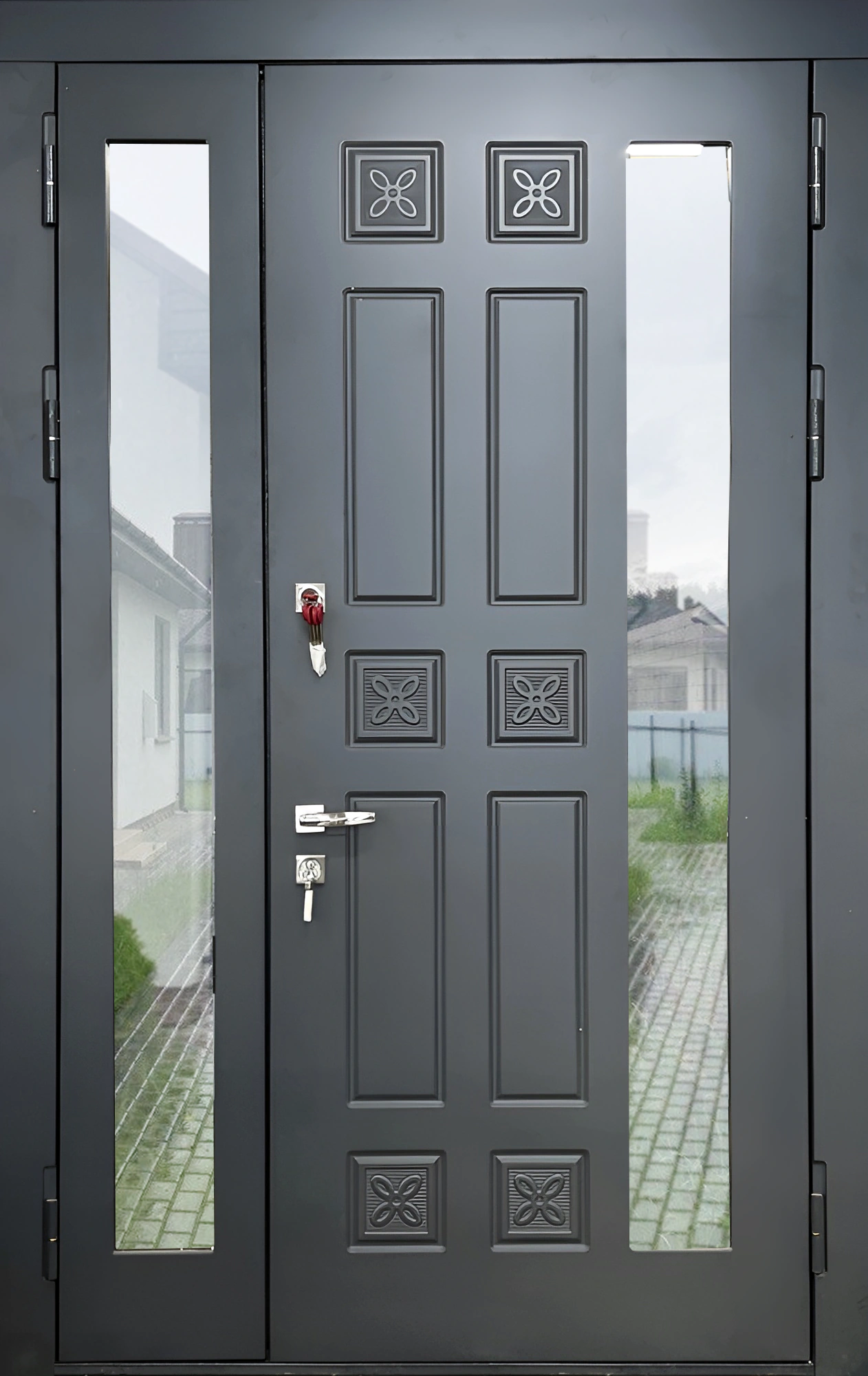 Входная дверь с двумя створками неоклассика металлофилёнка Графит Райт-К66