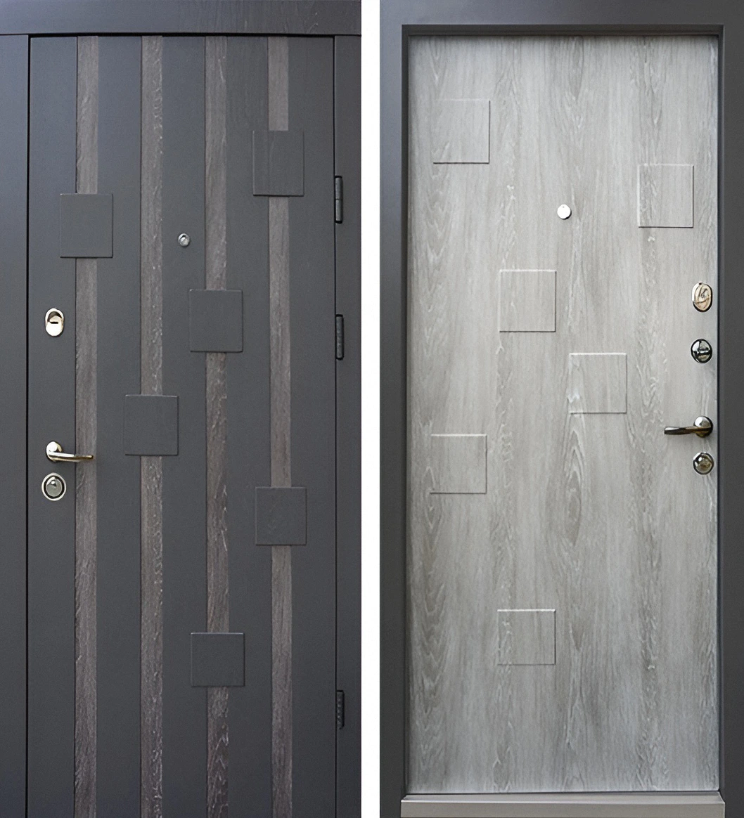 Входная дверь с объёмными МДФ-панелями «Камнепад» Угольно-серый Ледяное Дерево Райт-К67