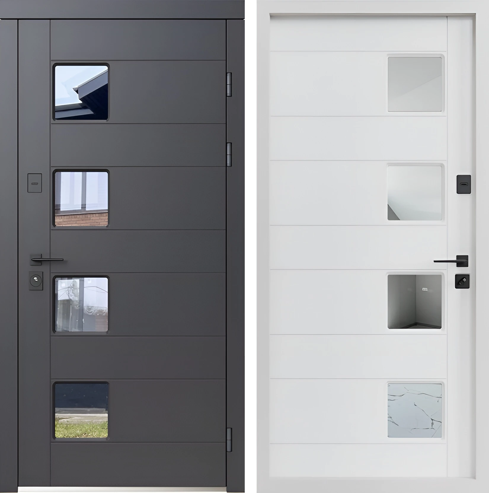 Входная дверь с декоративным секционным окном МДФ эмаль Гранитовый Серый Циркон Райт-К69