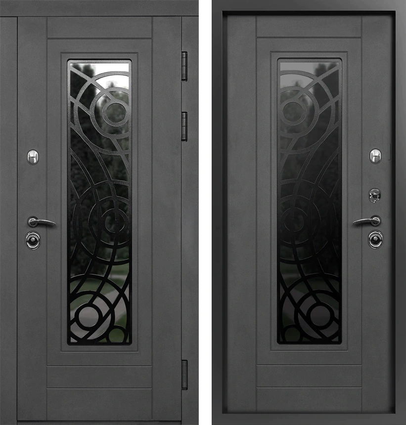 Входная дверь со оконной вставкой и кованой решёткой МДФ Асфальт текстурированный Райт-К70